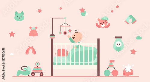 Delightful nursery illustration featuring a baby in a crib surrounded by whimsical toys
