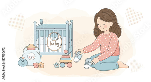 Illustration of a young mother preparing baby clothes in a nursery setting, showcasing parental