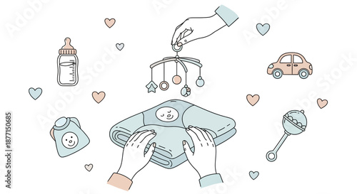 Illustration of baby accessories and a loving gesture symbolizing care and preparation for a