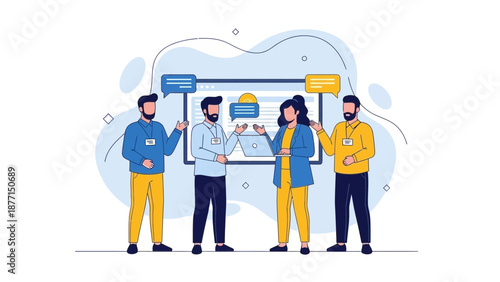 Teamwork business meeting illustration with people discussing ideas with laptop