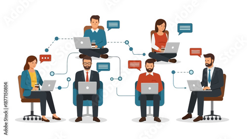 Connected People Working Remotely with Laptops and Chat Bubbles