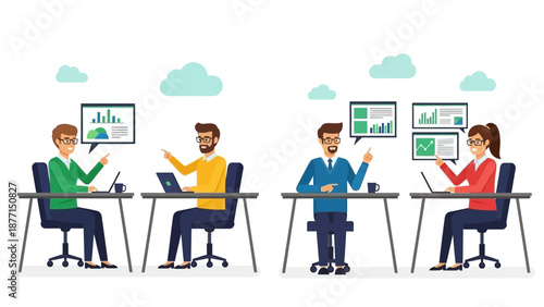 Diverse team collaborating at desks with charts and laptops, office meeting concept