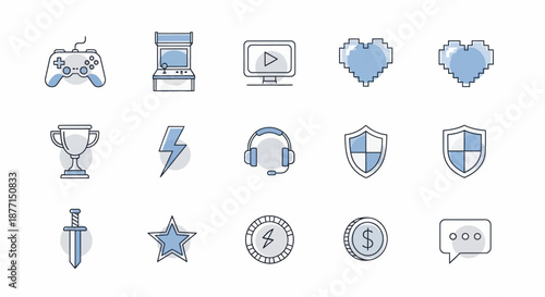 Gaming and entertainment icons set for digital media.