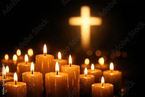 Illuminated Christian Cross with Burning Candles in Dark Church Setting