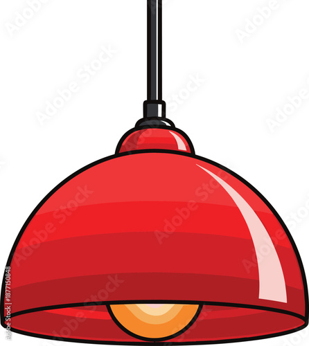 Red pendant lamp illustration, modern hanging light fixture, interior lighting design, ceiling decor, home decoration, vector icon, isolated white background
