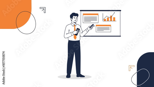 Businessman presenting data on whiteboard with graphs and charts