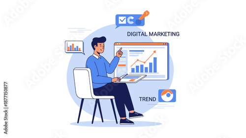 Digital Marketing Strategy: Man Analyzing Growth Charts on Laptop and Tablet