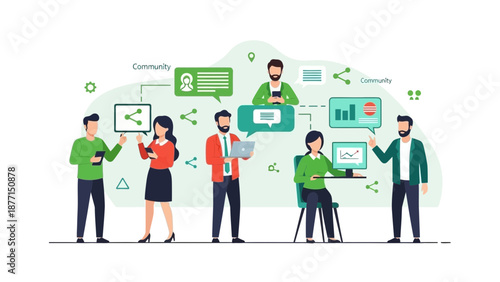 Diverse team collaborating on digital communication and data analysis