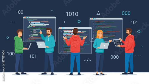 Team of programmers collaborating on coding projects with digital screens and laptops