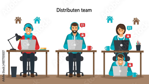 Remote team working together, distributed workforce, home office concept, diverse employees