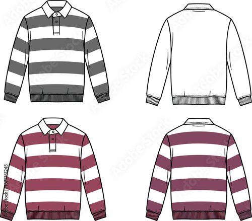Vector, Illustration, Of, Long, Sleeved, Polo, Shirts, Featuring, Striped, Patterns, In, Gray, And, Maroon, With, Front, And, Back, Technical, Fashion, Apparel, Design