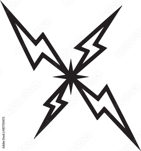 Electrifying symmetrical lightning bolt design radiating outwards from a central star symbol isolated on white background