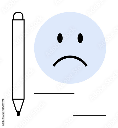 Writing concept. A pen, sad face, and lines depict writing and emotional expression. Writing tools expressing thoughts and emotions. Ideal for communication, education, mental health visuals