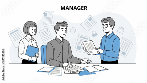 Manager and team discussing documents, office meeting, paperwork chaos