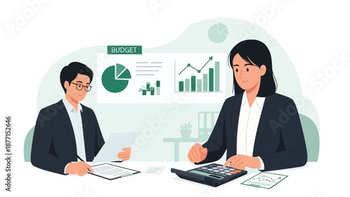 Business meeting analyzing budget charts and financial reports with calculator