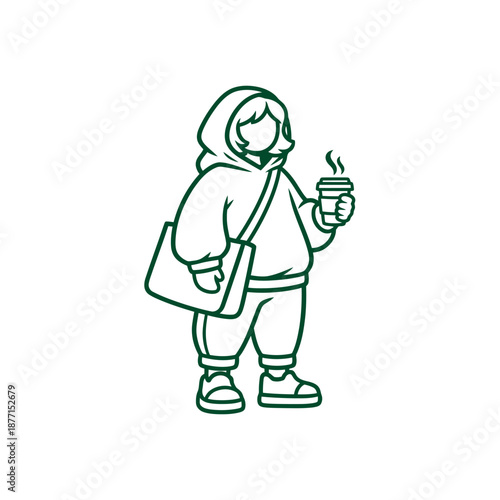 Stylized illustration of a person in a hoodie holding a coffee cup and bag.