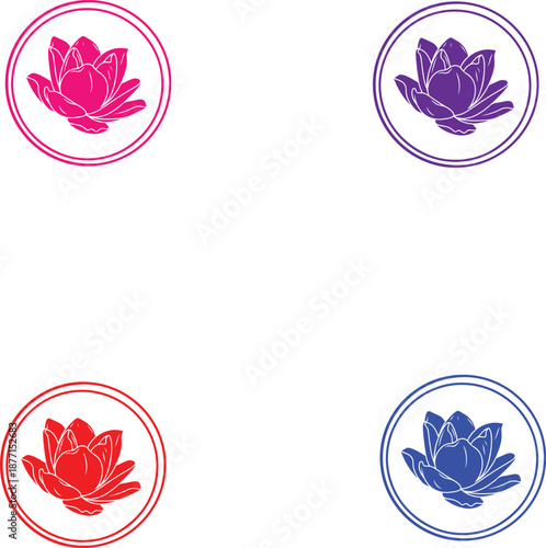 Minimalist black and white lotus flower design enclosed in a classic double circle frame isolated on white background