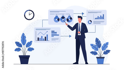 Business Man Presenting Data Charts and Graphs on Screen
