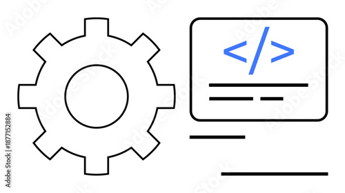 Software development, technology automation, coding, programming, system integration, digital solutions. Image shows a gear beside a coding symbol. Software development and technology automation