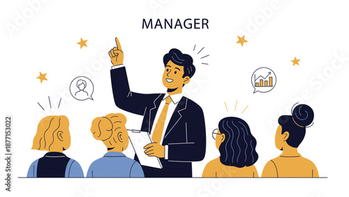 Manager Leading Team Meeting, Pointing Up, Business Growth Concept, Flat Illustration