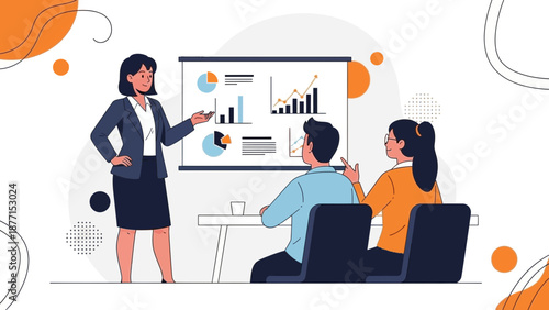 Businesswoman presenting financial charts and graphs to colleagues in meeting