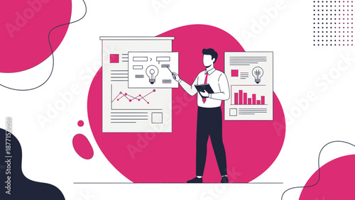 Businessman presenting a flowchart and business graphs on a whiteboard