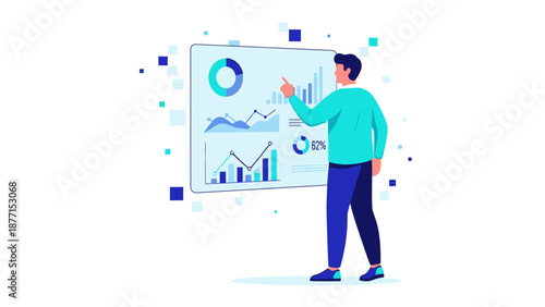 Man Analyzing Data Charts on a Digital Board