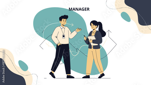 Manager explains strategy to colleague, business teamwork, planning concept