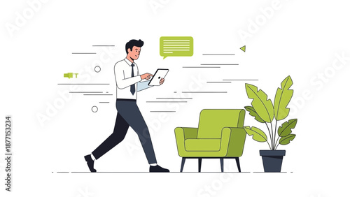Businessman using tablet in modern office with green accents and plant