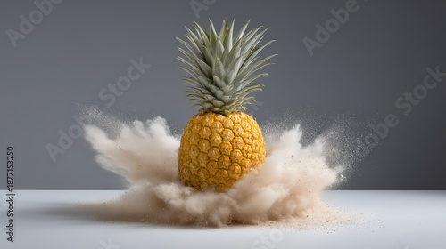 colorful pineapple explosion, dynamic burst with splashes, crumbs, and pieces flying in midair, isolated on white background, cinematic high-speed food photography, ultra-realistic details, vibrant