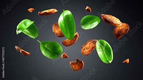 colorful avocado explosion, dynamic burst with splashes, crumbs, and pieces flying in midair, isolated on dark gradient, cinematic high-speed food photography, ultra-realistic details, vibrant color