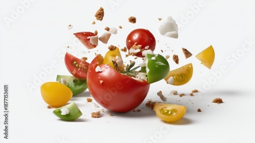 colorful tomato explosion, dynamic burst with splashes, crumbs, and pieces flying in midair, isolated on white background, cinematic high-speed food photography, ultra-realistic details, vibrant