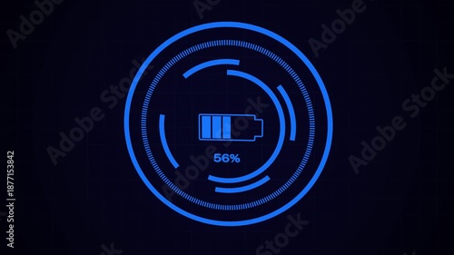 Blue battery charge indicator at 100 percent shown inside a circular futuristic HUD against a dark grid pattern