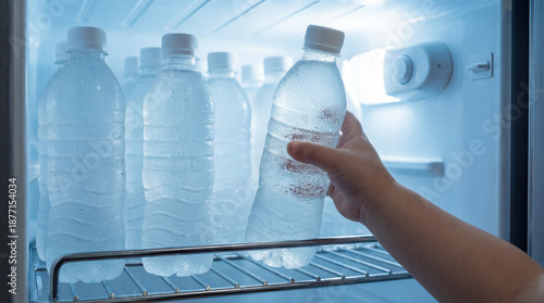 Child hand reaching for cold water bottle in refrigerator