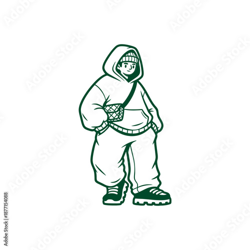 Stylish young person in oversized hoodie and baggy pants with a crossbody bag.
