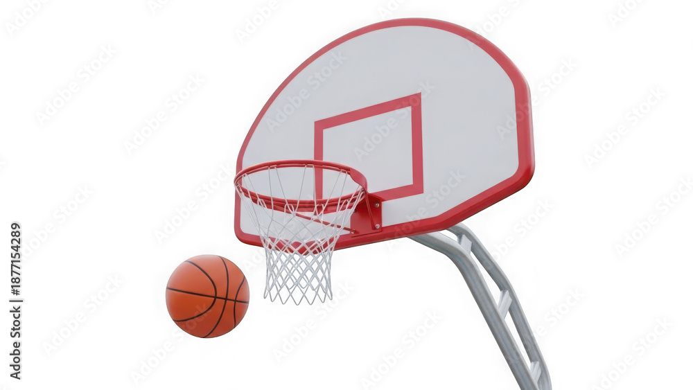 Naklejka premium Basketball going through red basketball hoop isolated on transparent background