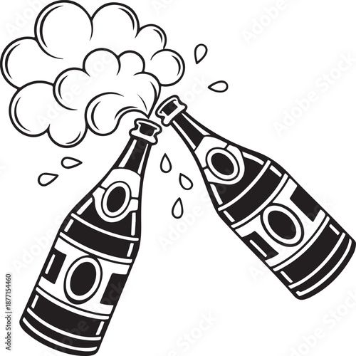a vintage style illustration of two champagne bottles colliding with bubbles and droplets a celebratory toast silhouette on transparent background high quality professional detailed modern elegant
