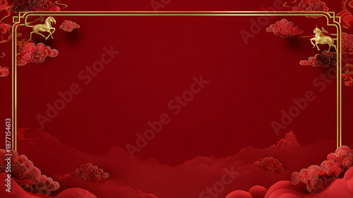 Luxury chinese background festive oriental background deep red cloud frame with golden horse decoration elegant celebration design for new year event card banner