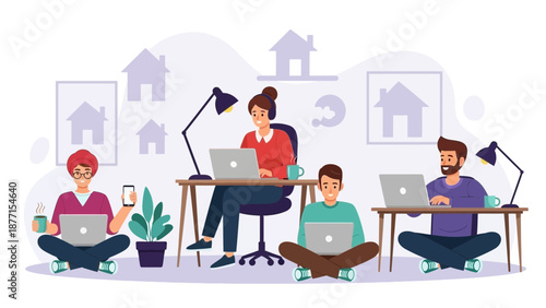 Diverse people working remotely on laptops, home office concept