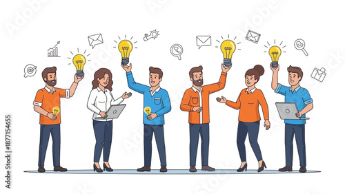 Teamwork, Innovation, and Ideas: People Holding Lightbulbs and Using Laptops