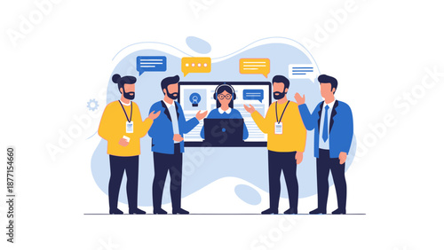 Business team discussing ideas with remote colleague via video call