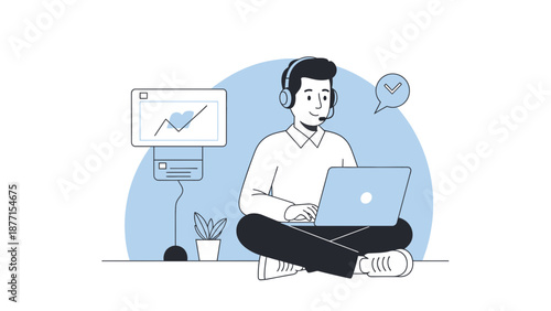 Man with headphones and laptop, remote work, online communication, modern flat illustration