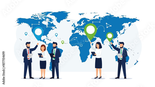 Global Business Team Planning International Strategy with World Map and Pins