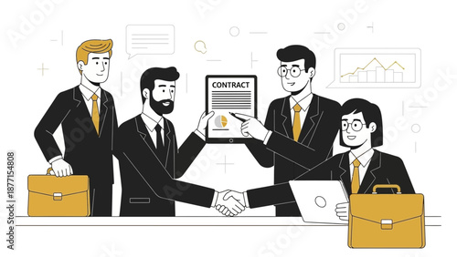 Business partners shaking hands, signing contract on tablet, successful deal concept