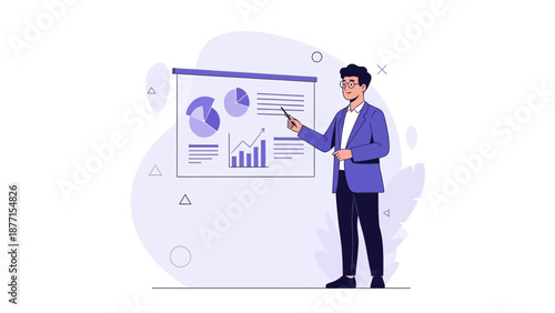 Businessman presenting financial charts and graphs on a whiteboard