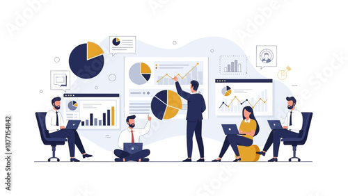 Business Team Analyzing Financial Charts and Data on Whiteboard