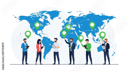 Global Business Team Connecting Worldwide with Location Pins on Map