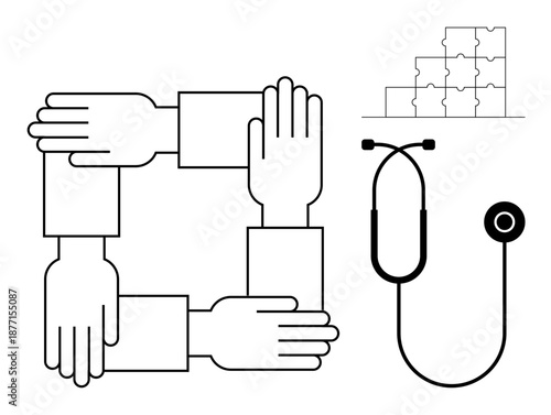 Teamwork concept. Teamwork is ed through hands forming a square, puzzle pieces signifying collaboration, and a stethoscope for healthcare. Teamwork in healthcare collaboration, medical