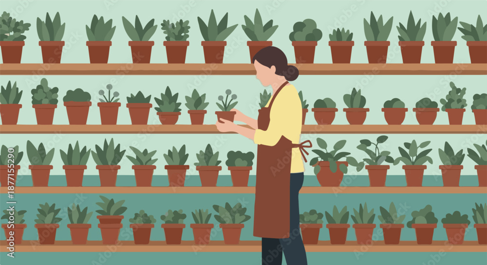custom made wallpaper toronto digitalWoman tending to houseplants in a nursery or garden center, surrounded by shelves stocked with potted plants