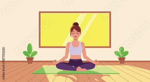 Young woman in lotus position meditating peacefully on a yoga mat in a serene room